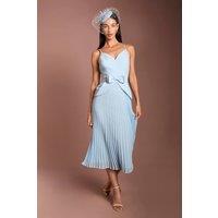 Coast Women's Lisa Tan Bow Detail Crepe Bodice Pleated Midi Dress in Light Blue | Size: 18