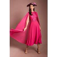 Coast Women's Lisa Tan Cape Sleeve Lace Midi Dress in Raspberry | Size: 14