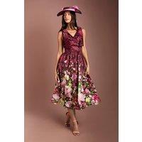 Coast Women's Lisa Tan Bow Shoulder Wrap Top Printed Organza Jacquard Midi Dress in Berry | Size: 12