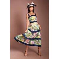 Coast Women's Lisa Tan Printed Tiered Organza Midi Dress in Blue | Size: 10