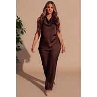 Femme Luxe Women's Chocolate Cowl Neck Sleeveless Top & Wide Leg Trouser Set - Wynas | Size: 8
