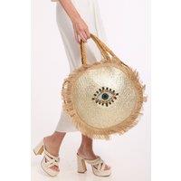 Liquorish Women's Evil Eye Sequin Round Fringe Jute Tote Bag in Natural