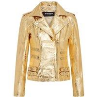 TruClothing Women's Real Lamb Nappa Leather Vintage Gothic Buckle Biker Jacket in Gold | Size: 12