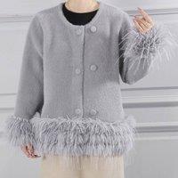 PEACH ACCESSORIES Women's Feather-Trim Cropped Double Row Buttons Cardigan in Grey