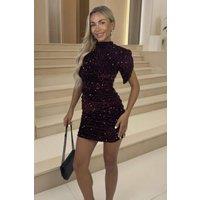 AX Paris Women's Wine Velvet Sequin Tulip Sleeve Ruched Mini Dress | Size: 8