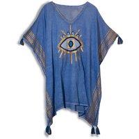 KDMD Women's Nomad Sari Kaftan Rich Blue Gold Evil Eye V Neck Tassel