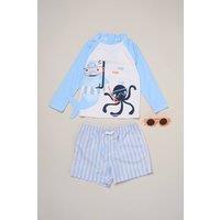 Little Gent Boy's Shark & Octopus Long Sleeve Top, Shorts & Sunglasses Swimwear Set in Baby Blue | Size: 5 Years