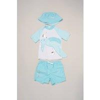 Little Gent Boy's Turtle Top, Shorts & Bucket Hat Swimwear Set in Aqua | Size: 4 Years