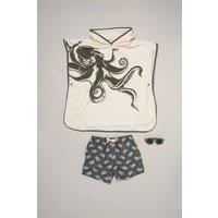 Little Gent Boy's Octopus Towelling Poncho, Swim Shorts & Sunglasses Set in Dark Green | Size: 5 Years