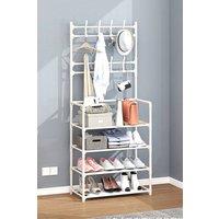 Living and Home 4 Tier Shoe Shelf Storage Organizer with Hooks Clothes Hanger Garment Rack in White