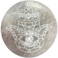 KDMD 10cm Medium Selenite Charging Plate with Hamsa Design in Grey