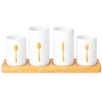 Kelvenix 4Pcs Matt White Cutlery Pot Set, Bamboo Stand Tableware Storage Holder