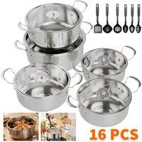 NESTLUNE 16PCS Induction Non Stick Stainless Steel Cookware Cooking Pot Pan in Silver | Size: 100 cm x 100 cm