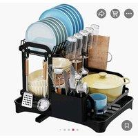 NESTLUNE 2 Tier Dish Drainer Rack with Drip Tray in Black | Size: 100 cm x 100 cm