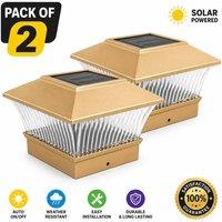 FLAVORA 2 x Solar Powered White LED Outdoor Post Deck Cap Square Fence Lights in Gold
