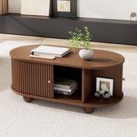 BTM Oval Coffee Table 100x50cm with Sliding Doors, Oak in Brown | Size: 100x50 cm
