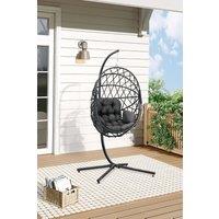 Living and Home Woven Outdoor Hanging Egg Chair with Stand & Cushion in Dark Grey