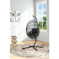 H&O Direct Outdoor Woven Hanging Chair with Stand & Cushion in Dark Grey