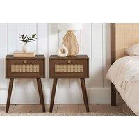 Birlea Pair of Bedside 1 Drawer Cabinet Rattan Croxley Side Table Walnut in Brown