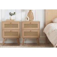 Birlea Pair of Bedside 2 Drawer Cabinet Rattan Croxley Side Table Oak in Light Oak