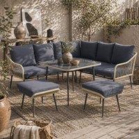 Wyld Haus Vika 7 Seater Dark Grey Rattan Garden Sofa Set Coffee Table Stools
