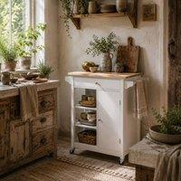 Wyld Haus Yota Mobile Kitchen Island Trolley White MDF Natural Rubberwood Top