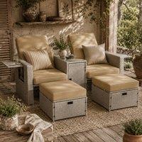 Wyld Haus Cream Rattan Garden Reclining Sun Lounger Set Storage Table Footstools in Beige