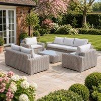 Shatchi Large 7 Seater Rattan Garden Sofa Set with Table & Thick Cushions in Natural White
