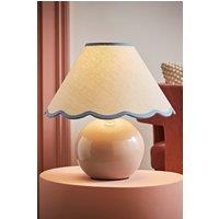 ValueLights Bosco Natural Stone Globe Ceramic Table Lamp with Linen Scalloped Lamp Shade in Blue
