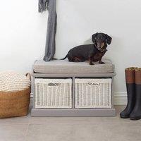 Statement Furniture Tetbury Bench with 2 White Wicker Baskets & Grey Cushion in Light Grey