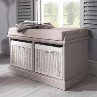 Statement Furniture Tetbury Bench with 2 White Wicker Baskets & Cream Cushion in Taupe