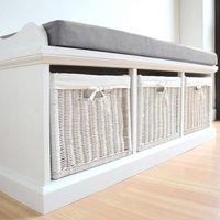 Statement Furniture Tetbury Bench with 3 White Wicker Baskets & Grey Cushion