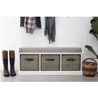 Statement Furniture Tetbury Bench with 3 Grey Faux Rattan Baskets & Grey Cushion in White