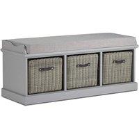 Statement Furniture Tetbury Bench with 3 Grey Faux Rattan Baskets & Grey Cushion in Light Grey