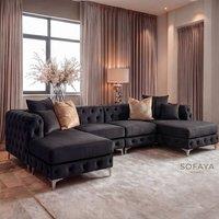 Sofaya Monaco 4 Seater Chesterfield Chaise Sofa Velvet U Shaped Longue in Black | Size: 4 Person