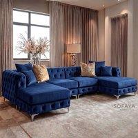 Sofaya Monaco 4 Seater Chesterfield Chaise Sofa Velvet U Shaped Longue in Blue | Size: 4 Person