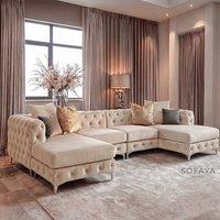 Sofaya Monaco 4 Seater Chesterfield Chaise Sofa Velvet U Shaped Longue in Cream | Size: 4 Person