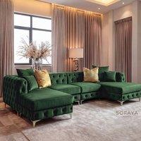 Sofaya Monaco 4 Seater Chesterfield Chaise Sofa Velvet U Shaped Longue in Green | Size: 4 Person
