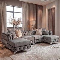 Sofaya Monaco 4 Seater Chesterfield Chaise Sofa Velvet U Shaped Longue in Grey | Size: 4 Person