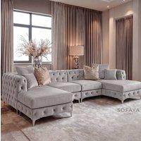 Sofaya Monaco 4 Seater Chesterfield Chaise Sofa Velvet U Shaped Longue in Light Grey | Size: 4 Person