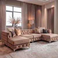Sofaya Monaco 4 Seater Chesterfield Chaise Sofa Velvet U Shaped Longue in Light Brown | Size: 4 Person