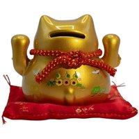 KDMD Gold Ceramic Lucky Cat Money Bank on Red Cushion