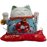 KDMD Blue Moving Hand Money Cat Ceramic Fortune Decor Ornament in Aqua