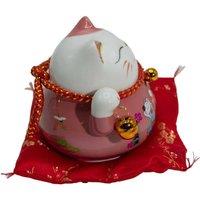 KDMD Pink Ceramic Moving Hand Money Cat on Red Cushion in Dusty Pink