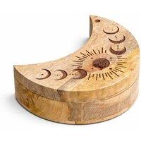 KDMD Moon Crescent Sliding Jewelry Storage Box With Carved Phases in Brown
