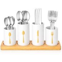 Kelvenix White 4Pcs Matt Cutlery Pot Set, Bamboo Stand Storage Holder