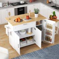 Rolipo Large Oak Mobile Kitchen Island Cart with Drop Leaf & Spice Rack in White