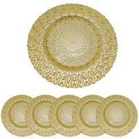 Neel Blue 33cm Set of 6 Charger Plates Peacock Design Glass Plates for Dinner Table Decoration in Metallic Gold