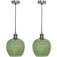 First Choice Lighting Set of 2 Leah - Green Ripple Glass with Antique Brass Pendant Fittings