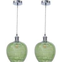 First Choice Lighting Set of 2 Leah - Green Ripple Glass Globe with Chrome Pendant Fittings